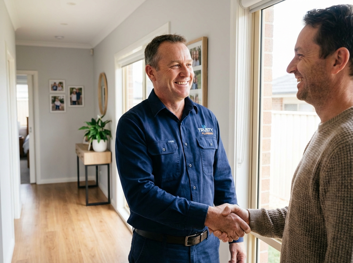 Professional plumber shaking hands with satisfied homeowner